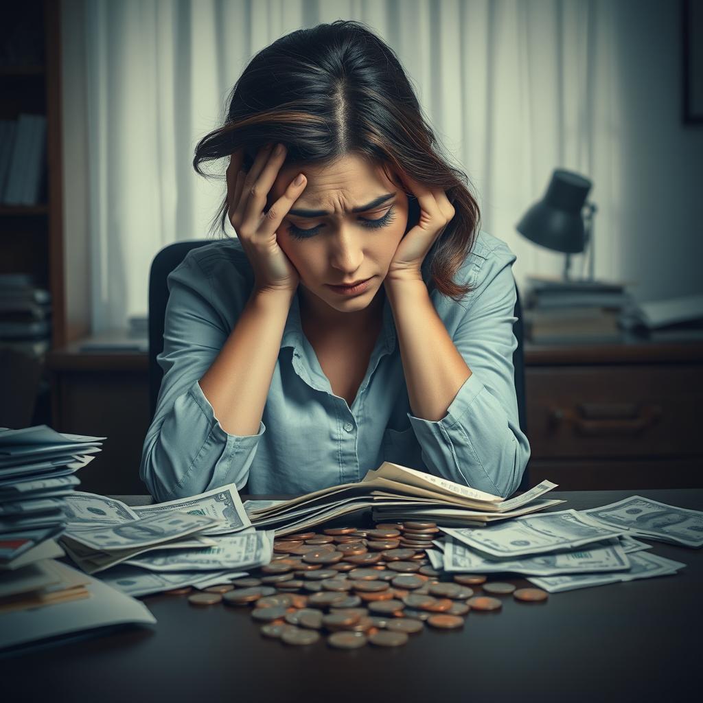 A depiction of a woman feeling overwhelmed by financial stress, captured in a pensive and concerned expression