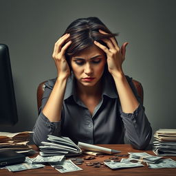 A depiction of a woman feeling overwhelmed by financial stress, captured in a pensive and concerned expression