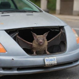 A detailed depiction of a bat sitting inside a slightly worn-out Honda Civic, with a license plate that reads 'BODEGA'.