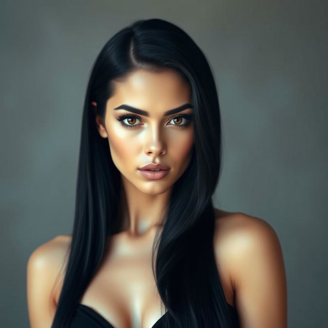 a beautiful woman with long black hair and an alluring figure, foregrounded prominently with a captivating expression