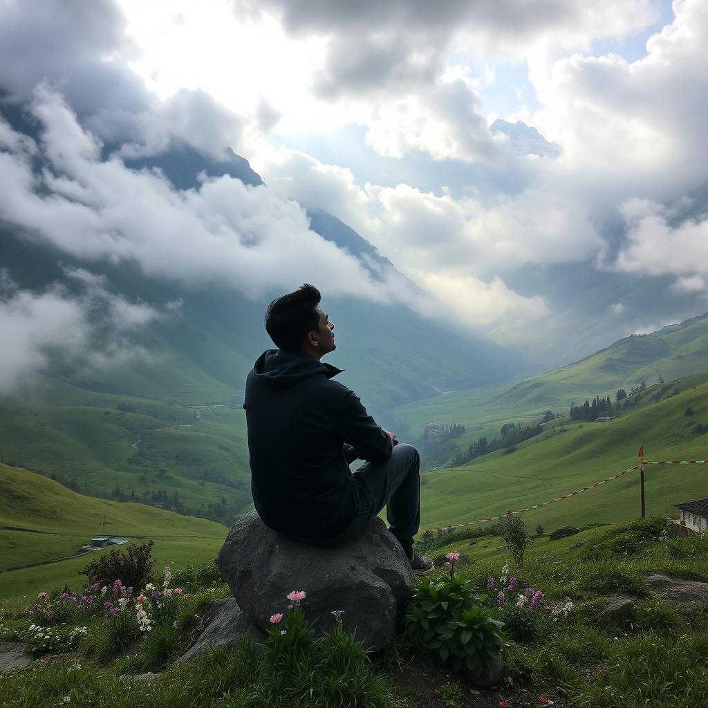 A stunning valley enveloped by clouds in the picturesque region of Sikkim, with a man sitting contemplatively, lost in his own thoughts