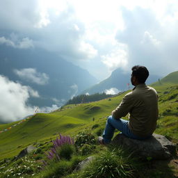 A stunning valley enveloped by clouds in the picturesque region of Sikkim, with a man sitting contemplatively, lost in his own thoughts