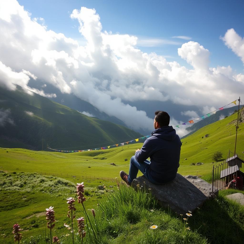 A stunning valley enveloped by clouds in the picturesque region of Sikkim, with a man sitting contemplatively, lost in his own thoughts