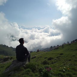 A stunning valley enveloped by clouds in the picturesque region of Sikkim, with a man sitting contemplatively, lost in his own thoughts