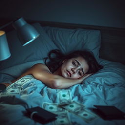 A woman lying awake in bed, staring at the ceiling with a worried expression, symbolizing insomnia caused by financial stress