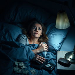 A woman lying awake in bed, staring at the ceiling with a worried expression, symbolizing insomnia caused by financial stress