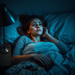 A woman lying awake in bed, staring at the ceiling with a worried expression, symbolizing insomnia caused by financial stress