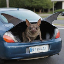 A detailed depiction of a bat sitting inside a slightly worn-out Honda Civic, with a license plate that reads 'BODEGA'.