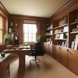 A well-lit, spacious home office with modern furnishings, large windows, a sturdy oak desk, a high-backed leather chair, and shelves filled with books and decorative trinkets. Carpets of earthy tones add warmth to the space.