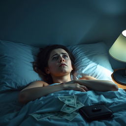 A woman lying awake in bed, staring at the ceiling with a worried expression, symbolizing insomnia caused by financial stress