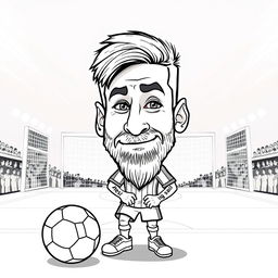 A playful caricature of Lionel Messi with exaggerated features, suitable for a coloring book