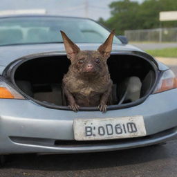 A detailed depiction of a bat sitting inside a slightly worn-out Honda Civic, with a license plate that reads 'BODEGA'.