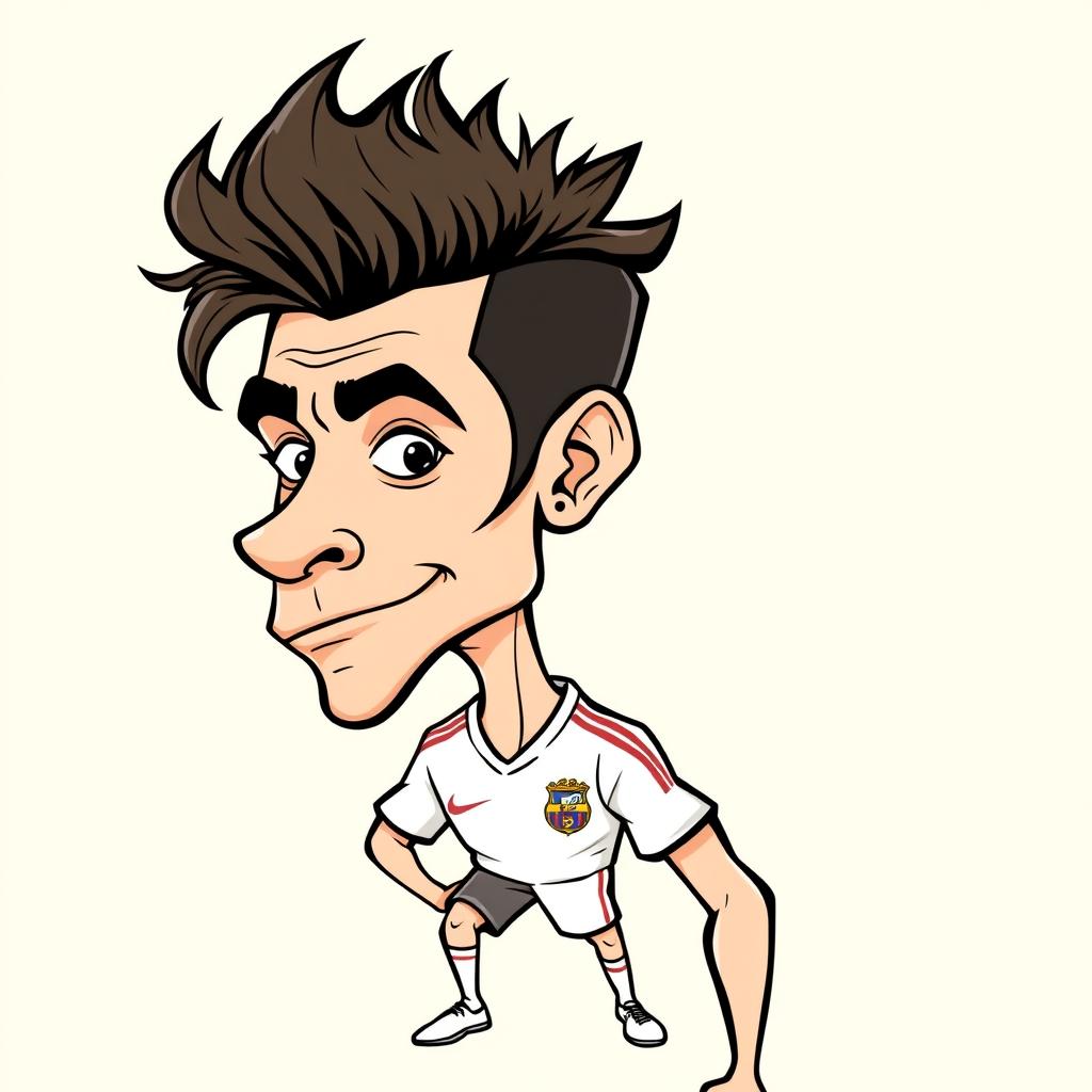 A cartoon caricature of Di María, the famous football player, featuring his iconic hairstyle, athletic build, and sporting a football jersey