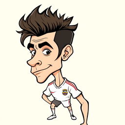 A cartoon caricature of Di María, the famous football player, featuring his iconic hairstyle, athletic build, and sporting a football jersey