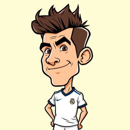 A cartoon caricature of Di María, the famous football player, featuring his iconic hairstyle, athletic build, and sporting a football jersey