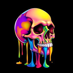 A vibrant, colorful 2D skull, artistically melting with vivid hues cascading down like liquid rainbow