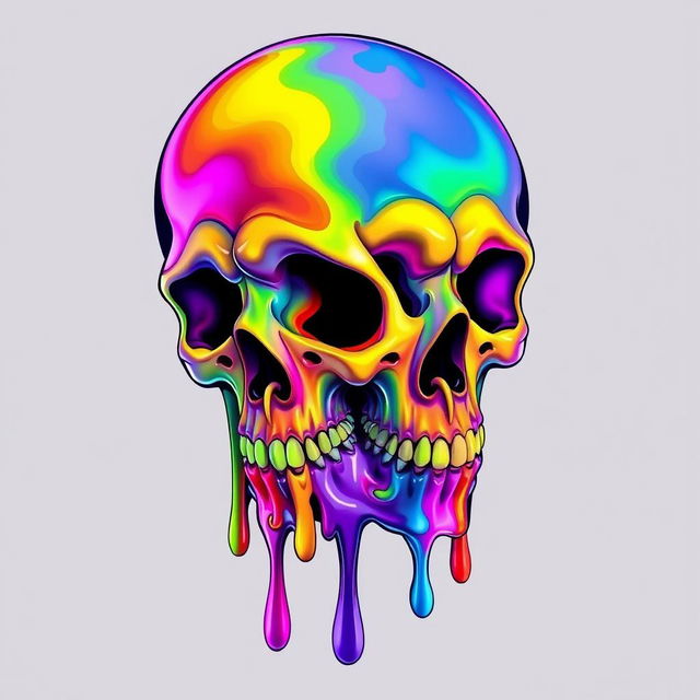 A vibrant, colorful 2D skull, artistically melting with vivid hues cascading down like liquid rainbow