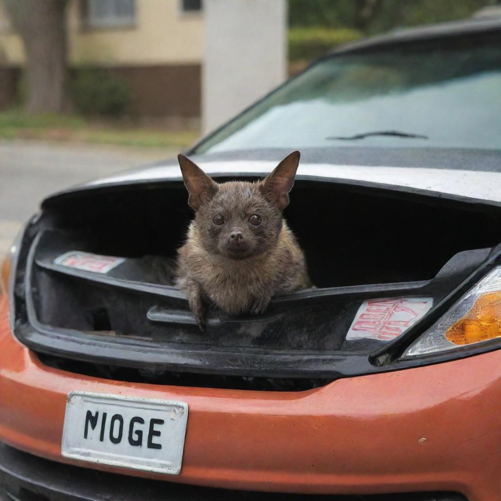 A detailed depiction of a bat sitting inside a slightly worn-out Honda Civic, with a license plate that reads 'BODEGA'.