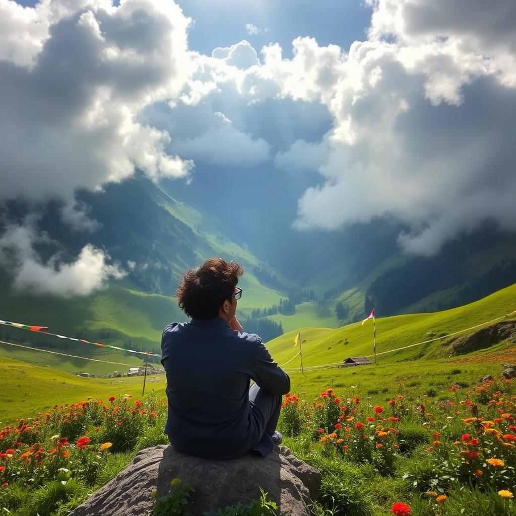 A stunning valley enveloped by clouds in the scenic region of Sikkim, featuring a man sitting contemplatively, lost in his own thoughts