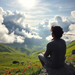 A stunning valley enveloped by clouds in the scenic region of Sikkim, featuring a man sitting contemplatively, lost in his own thoughts