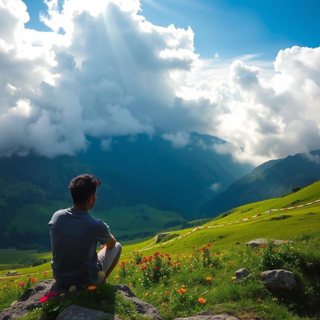 A stunning valley enveloped by clouds in the scenic region of Sikkim, featuring a man sitting contemplatively, lost in his own thoughts