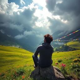 A stunning valley enveloped by clouds in the scenic region of Sikkim, featuring a man sitting contemplatively, lost in his own thoughts