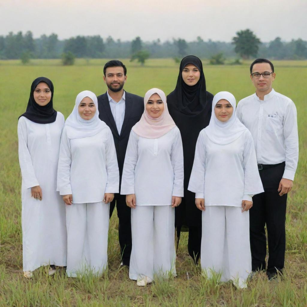 Seven adults in formal white clothes and black trousers, with ID cards stating 'TPS 12', standing in a rice field. The group consists of three handsome men and four beautiful women wearing hijabs, with an Indonesian archway in the background. Render this in a long exposure, ultra-realistic photography style.