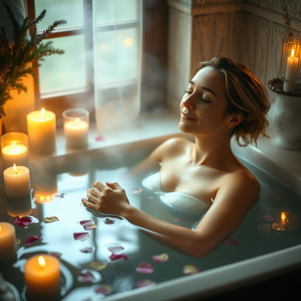 A serene and magical scene depicting a woman immersed in a purifying bath, as she learns a soothing secret passed down from her grandmother