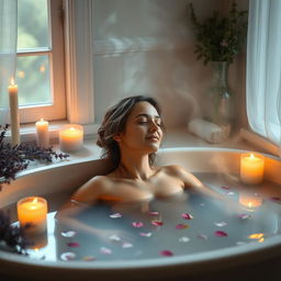 A serene and magical scene depicting a woman immersed in a purifying bath, as she learns a soothing secret passed down from her grandmother