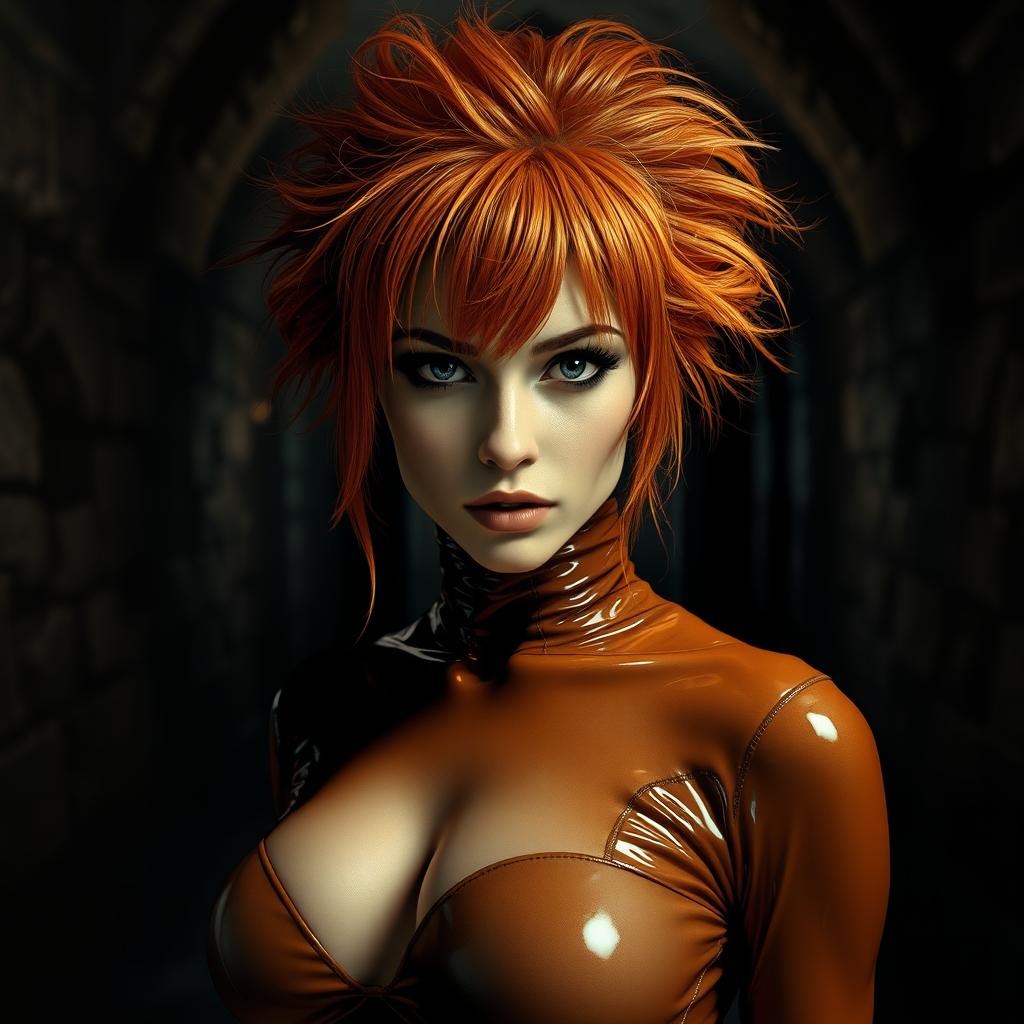 A stunning, realistic depiction of an unnamed woman with fluffy orange hair and striking black eyes