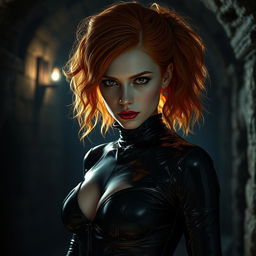 A stunning, realistic depiction of an unnamed woman with fluffy orange hair and striking black eyes