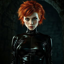 A stunning, realistic depiction of an unnamed woman with fluffy orange hair and striking black eyes