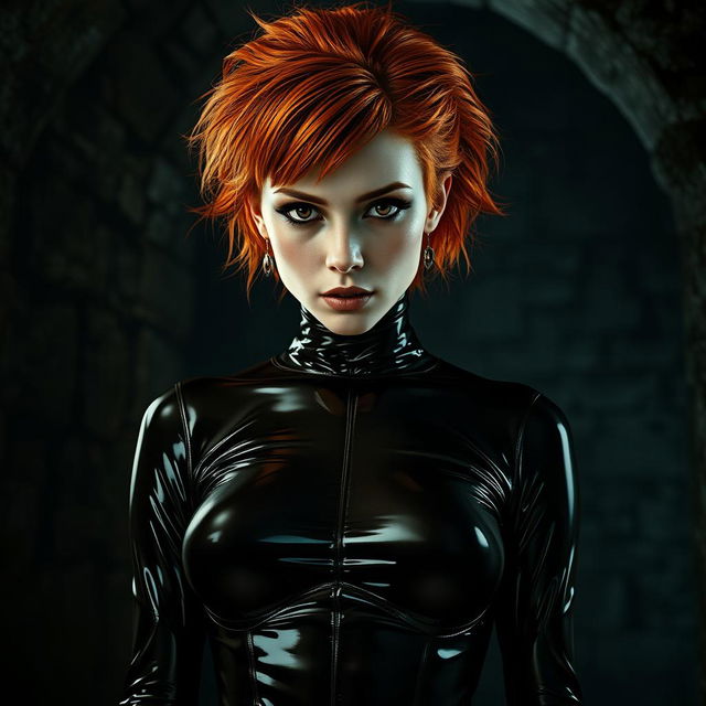 A stunning, realistic depiction of an unnamed woman with fluffy orange hair and striking black eyes