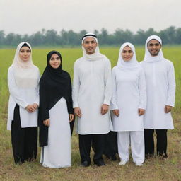 Seven adults in formal white clothes and black trousers, with ID cards stating 'TPS 12', standing in a rice field. The group consists of three handsome men and four beautiful women wearing hijabs, with an Indonesian archway in the background. Render this in a long exposure, ultra-realistic photography style.