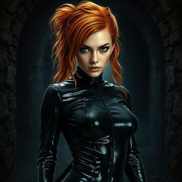 A stunning, realistic depiction of an unnamed woman with fluffy orange hair and striking black eyes