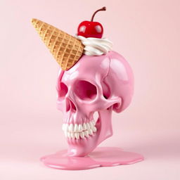 A melting 2D pink skull, artistically blending with the themes of a whimsical dessert