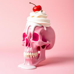 A melting 2D pink skull, artistically blending with the themes of a whimsical dessert