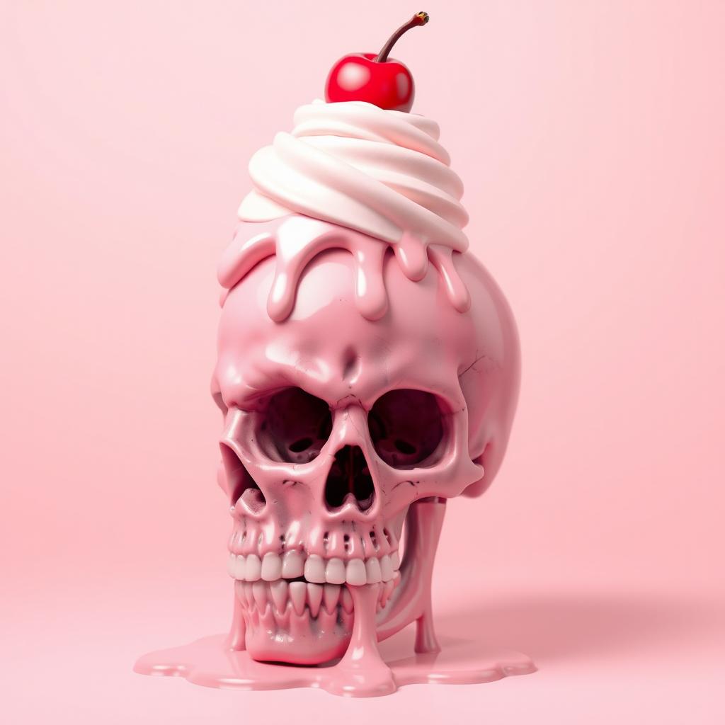 A melting 2D pink skull, artistically blending with the themes of a whimsical dessert