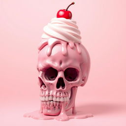 A melting 2D pink skull, artistically blending with the themes of a whimsical dessert