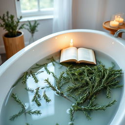 A tranquil and rejuvenating bathtub scene featuring a rosemary bath