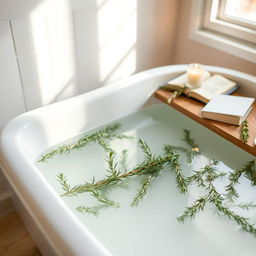 A tranquil and rejuvenating bathtub scene featuring a rosemary bath