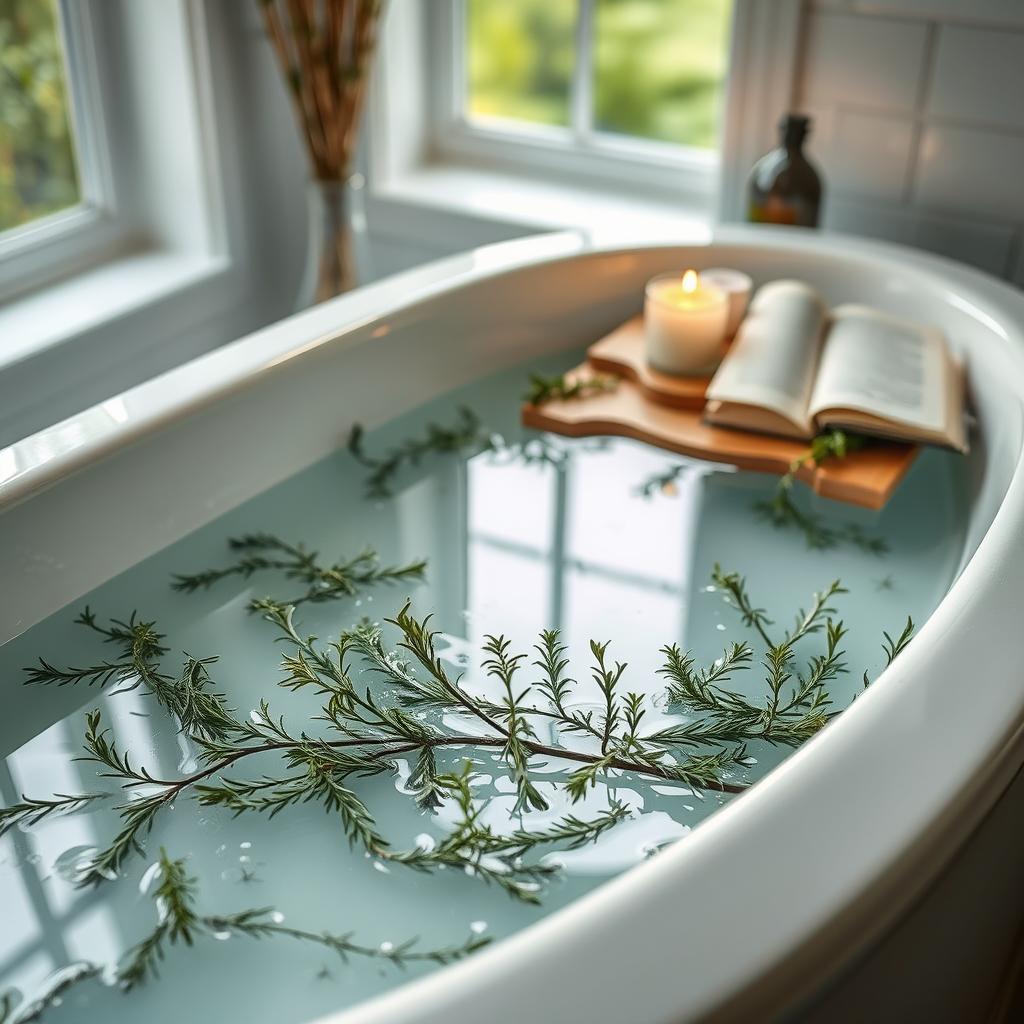 A tranquil and rejuvenating bathtub scene featuring a rosemary bath