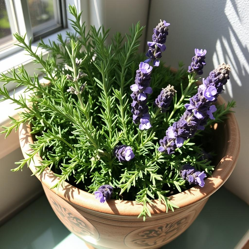 A decorative pot filled with a vibrant herbal arrangement featuring rosemary, rue, and lavender