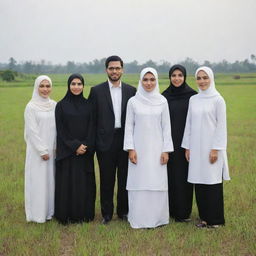 Seven adults in formal white clothes and black trousers, with ID cards stating 'TPS 12', standing in a rice field. The group consists of three handsome men and four beautiful women wearing hijabs, with an Indonesian archway in the background. Render this in a long exposure, ultra-realistic photography style.