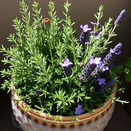 A decorative pot filled with a vibrant herbal arrangement featuring rosemary, rue, and lavender