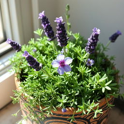 A decorative pot filled with a vibrant herbal arrangement featuring rosemary, rue, and lavender