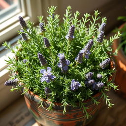 A decorative pot filled with a vibrant herbal arrangement featuring rosemary, rue, and lavender