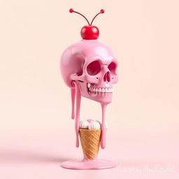 A melting 2D pink skull with an ice cream cone at the bottom, integrated into the design