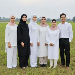 Seven adults in formal white clothes and black trousers, with ID cards stating 'TPS 12', standing in a rice field. The group consists of three handsome men and four beautiful women wearing hijabs, with an Indonesian archway in the background. Render this in a long exposure, ultra-realistic photography style.