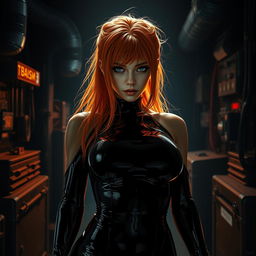 A stunning, realistic depiction of an unnamed woman with fluffy orange hair and striking black eyes